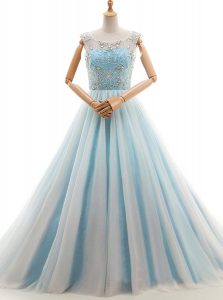 Classical Scoop With Train A-line Sleeveless Light Blue Mother Of The Bride Dress Court Train Lace Up