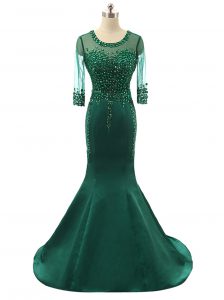 Superior Mermaid Scoop Zipper Mother Of The Bride Dress Green for Prom and Wedding Party with Beading Brush Train