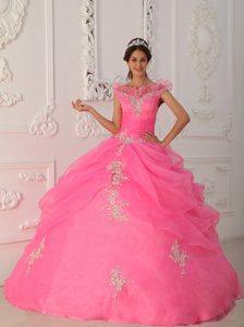 Pink Quinceanera Dress by Taffeta and Organza with V-neck and Appliques