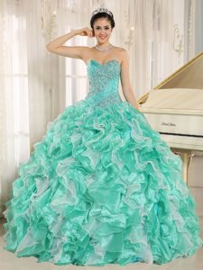 Apple Green and White Quinceanera Dress with Beaded Bodice and Ruffles