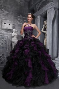 Dark Purple and Black Quinceanera Dress with Boning Details and Ruffles