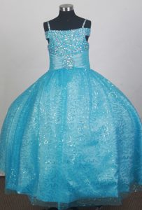 Light Blue Sequin Flower Girl Dress With Spaghetti Straps Beading