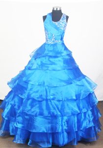 Blue Ruffled Layers Little Girl Pageant Dress Halter top Neckline