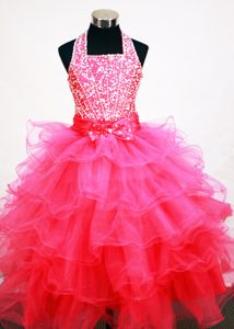 Halter Ruffled Layers Decorate Hot Pink Flower Girl Pageant Dress