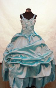 Blue Beading and Ruche Decorate Flower Girl Pageant Dress with Straps