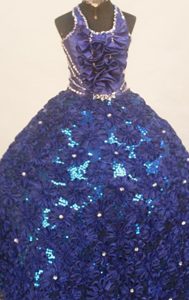 Halter Royal Blue Little Girl Pageant Dress with Handmade Flowers