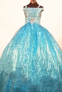 Paillette Over Skirt Ball Gown Straps Teal Pageant Dress for Girls