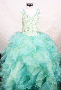 Beading and Ruffles Straps V-neck Organza Little Girl Pageant Gown