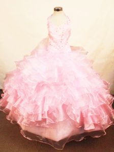 Halter Baby Pink Little Girl Pageant Dress with Beading and Ruffles