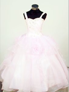 Light Pink Straps Beading and Hand Made Flowers Glitz Pageant Dresses