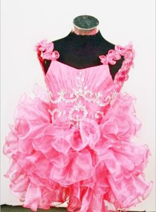 Cute Straps Mini-length Hot Pink Organza Beading Girls Pageant Gown