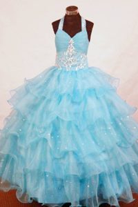 Organza Layers Aqua Blue Applique Kid Pageant Dress Beaded