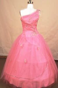 One Shoulder Tulle Pink Beaded Little Girl Pageant Dresses