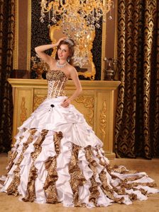 Leopard Print Ruffles White Dresses for a Quince with Court Train