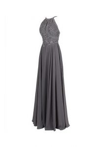 Floor Length Zipper Evening Dress Grey for Prom and Party with Beading