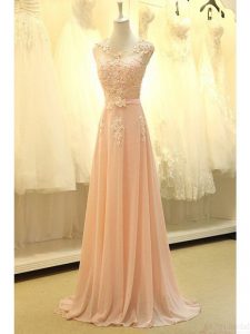 Designer Scoop Sleeveless Lace and Belt Zipper Prom Gown with Peach Sweep Train