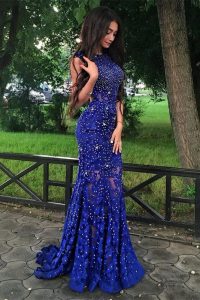 Mermaid Scoop Royal Blue Lace Backless Mother Of The Bride Dress Sleeveless With Brush Train Beading and Lace