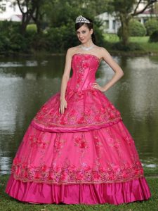 2013 on Sale Strapless Appliqued Hot Pink Dresses for Quince