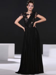 New Style Floor Length Black Prom Gown Scoop Cap Sleeves Backless