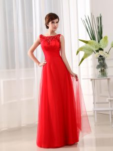 Free and Easy Scoop Sleeveless Tulle Floor Length Zipper Mother Of The Bride Dress in Coral Red with Beading and Appliques