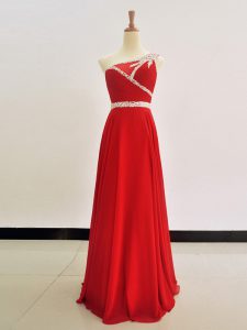 Column/Sheath Prom Party Dress Red One Shoulder Chiffon Sleeveless Floor Length Zipper