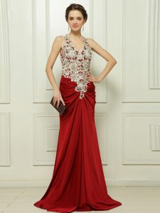 Custom Fit Red Sleeveless With Train Beading and Appliques Zipper Prom Gown