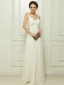 Unique Floor Length White Prom Evening Gown Chiffon Sleeveless Ruching