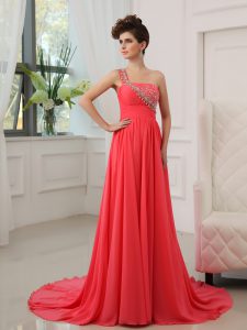 Fancy One Shoulder Sleeveless Brush Train Zipper Evening Dress Watermelon Red Chiffon