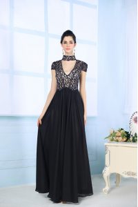 Beading and Lace Mother Of The Bride Dress Black Zipper Short Sleeves Floor Length