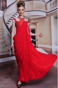 Unique Scoop Red Side Zipper Homecoming Dress Beading and Appliques Sleeveless Floor Length