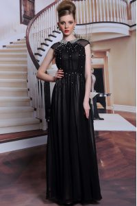 Captivating Scoop Sleeveless Floor Length Beading and Appliques Zipper Prom Gown with Black