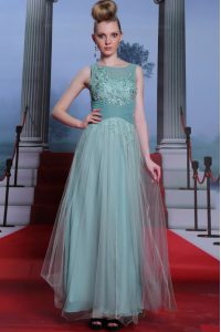 Simple Floor Length Light Blue Evening Dress Chiffon Sleeveless Beading and Appliques and Ruching