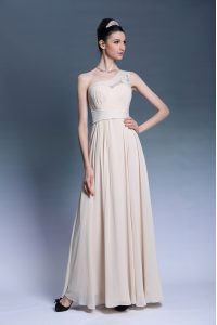 Column/Sheath Homecoming Dress Champagne One Shoulder Chiffon Sleeveless Floor Length Side Zipper