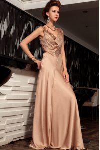 Nice Brown Backless Mother Of The Bride Dress Beading and Ruching Sleeveless Floor Length