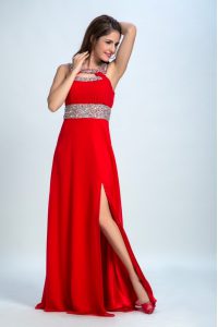 Edgy Floor Length Empire Sleeveless Red and Coral Red Mother Of The Bride Dress Zipper