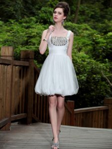 Deluxe White Column/Sheath Straps Sleeveless Chiffon Knee Length Side Zipper Beading Mother Of The Bride Dress