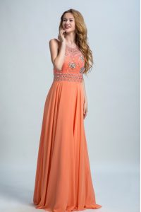 Scoop Floor Length Orange Prom Dresses Chiffon Sleeveless Beading