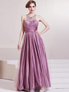 Scoop Sleeveless Floor Length Beading and Ruching Zipper Prom Gown with Lilac