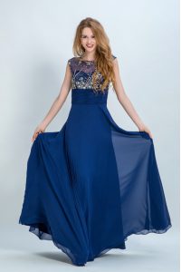 New Style Scoop Sleeveless Floor Length Beading Zipper Mother Of The Bride Dress with Navy Blue