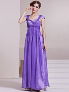 Perfect Sequins Column/Sheath Lavender Square Chiffon Cap Sleeves Ankle Length Side Zipper