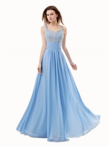 Sleeveless Floor Length Beading Side Zipper Homecoming Dress with Blue