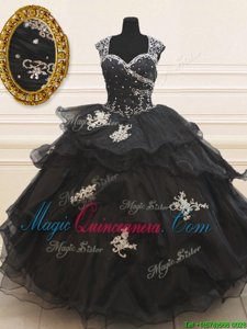 Superior Floor Length Black Ball Gown Prom Dress Organza Cap Sleeves Beading and Appliques and Ruffles