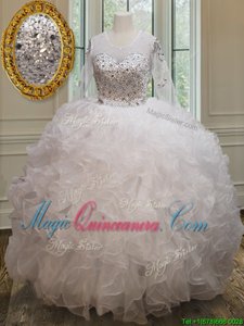 Suitable Scoop See Through White Ball Gowns Beading and Ruffles Sweet 16 Dress Lace Up Organza Long Sleeves Floor Length