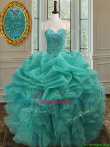 Custom Designed Pick Ups Turquoise Sleeveless Organza Lace Up 15 Quinceanera Dress for Military Ball and Sweet 16 and Quinceanera