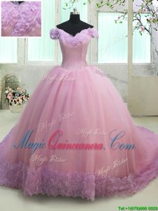 Free and Easy Off the Shoulder Cap Sleeves Court Train Ruching Lace Up Quinceanera Dress