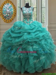 Wonderful Scoop See Through Turquoise Sleeveless Floor Length Beading and Ruffles and Pick Ups Lace Up Sweet 16 Dress