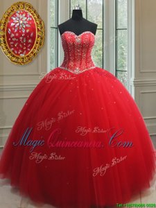 Wonderful Tulle Sweetheart Sleeveless Lace Up Beading Quinceanera Dress in Red