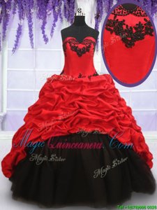 Stunning With Train Red And Black Sweet 16 Dresses Organza and Taffeta Brush Train Sleeveless Appliques and Pick Ups