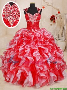 Free and Easy Straps Straps White and Red Sleeveless Beading and Ruffles Floor Length Sweet 16 Dresses