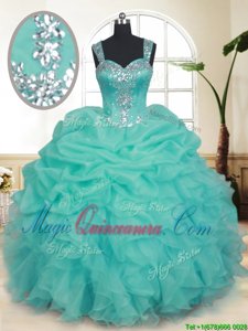 Captivating Turquoise Straps Neckline Beading and Ruffles and Pick Ups Quinceanera Dresses Sleeveless Zipper